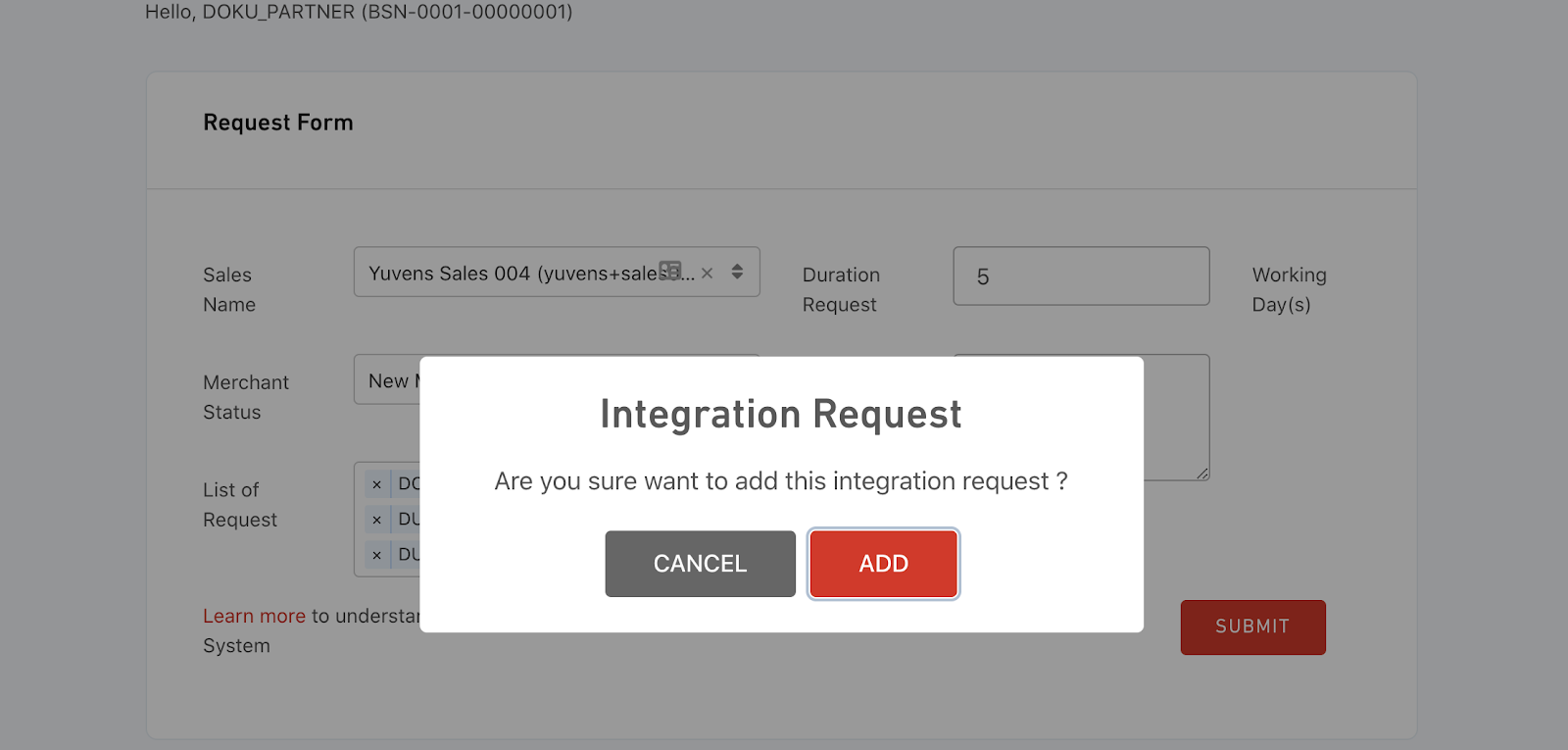 Pop-Up Message when insert new request form