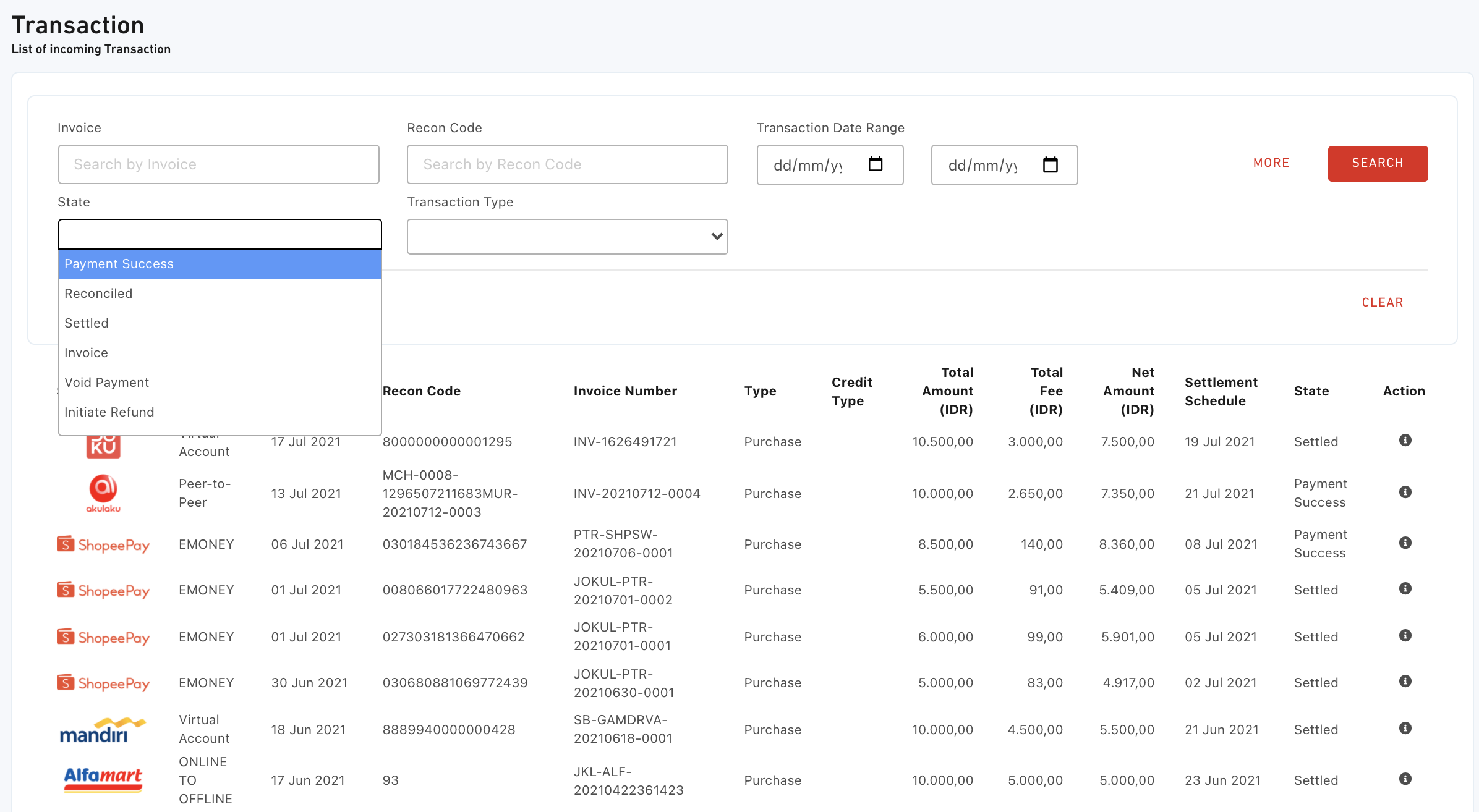 Transaction list