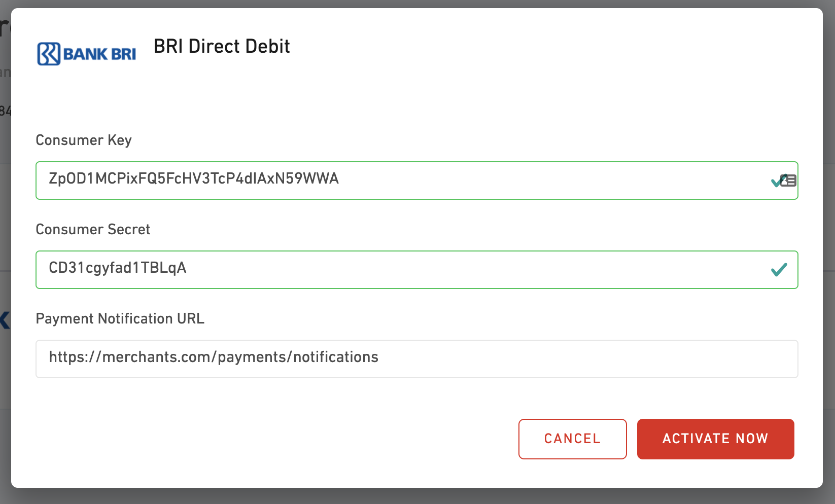 BRI Direct Debit Notification URL Settings